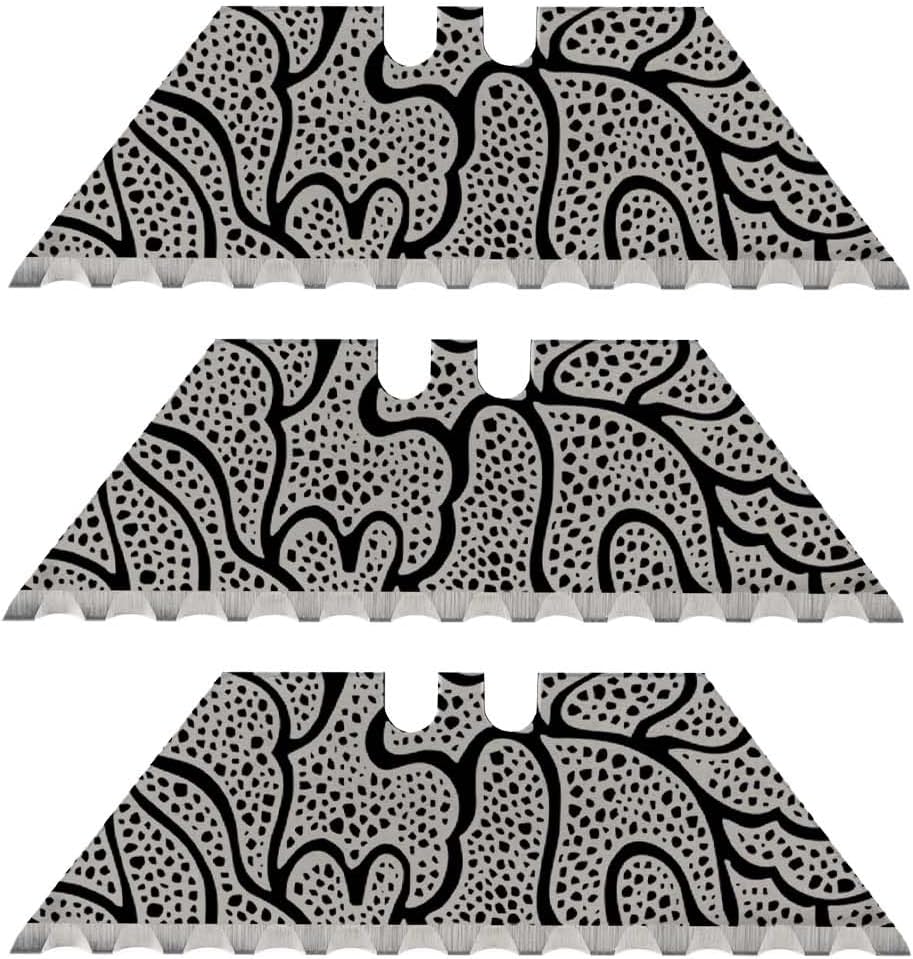 NDZ Performance Serrated Steel Blade Replacement for Utility Knife & Box Cutters, Custom Double Sided Laser Engraved Designs, Silver - Skull - 3 Pack