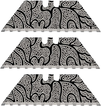 NDZ Performance Serrated Steel Blade Replacement for Utility Knife & Box Cutters, Custom Double Sided Laser Engraved Designs, Silver - Skull - 3 Pack