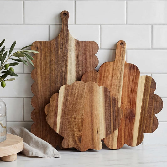 3 Pcs Acacia Wood Scalloped Cutting Boards Set, Decorative Cutting Boards Wooden Charcuterie Board for Grandmillenial Cottage Core Decor Kitchen Cheese Meat Fruit Bread Chopping Blocks