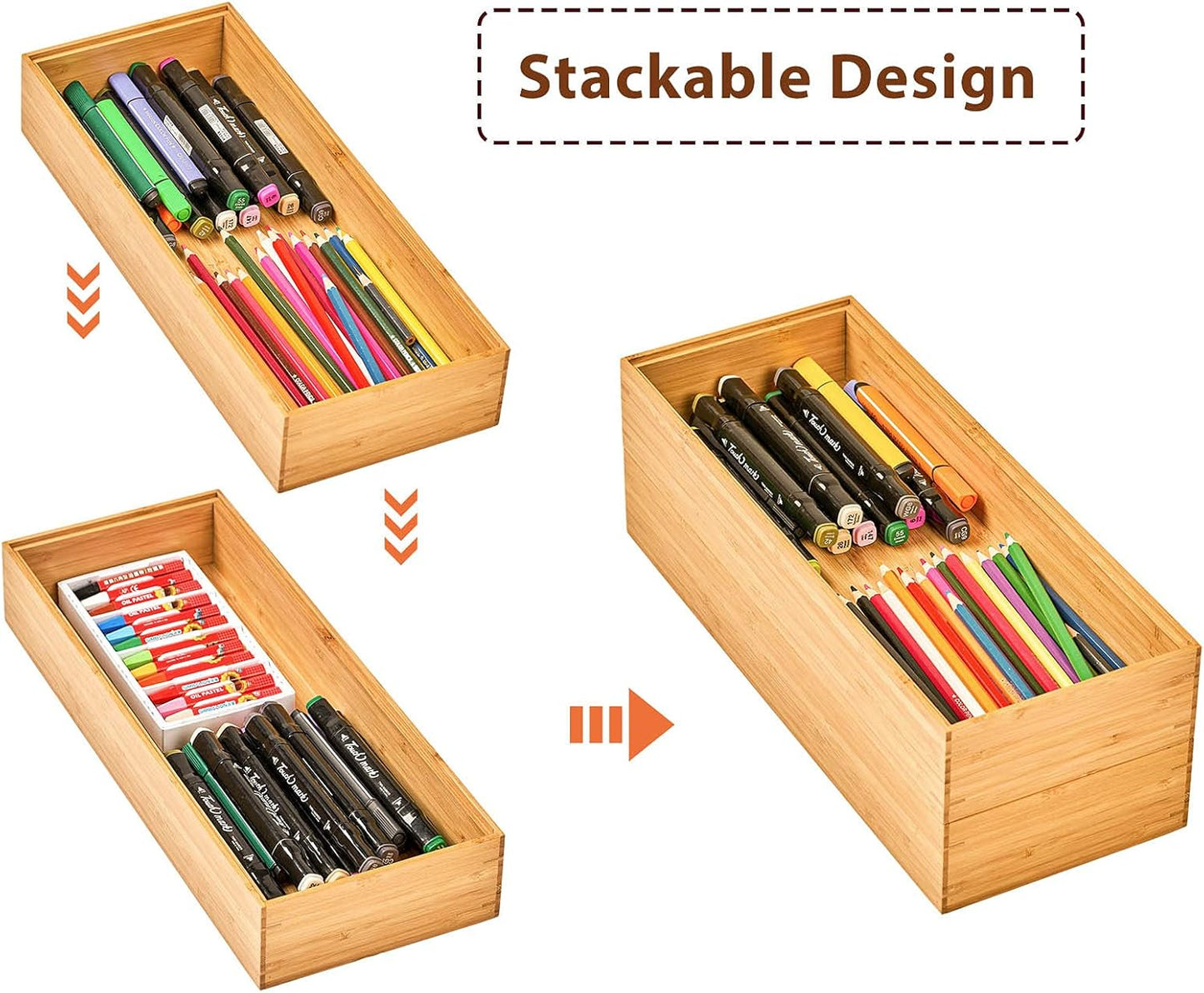 Umilife Bamboo Kitchen Utensils Organizer, Extra Long High Silverware Drawer Holder, Flatware Cutlery Storage Box, Multi-Use Drawer Divider in Office, Bathroom, Pantry - 17"x6"x2.5" (Set of 2)