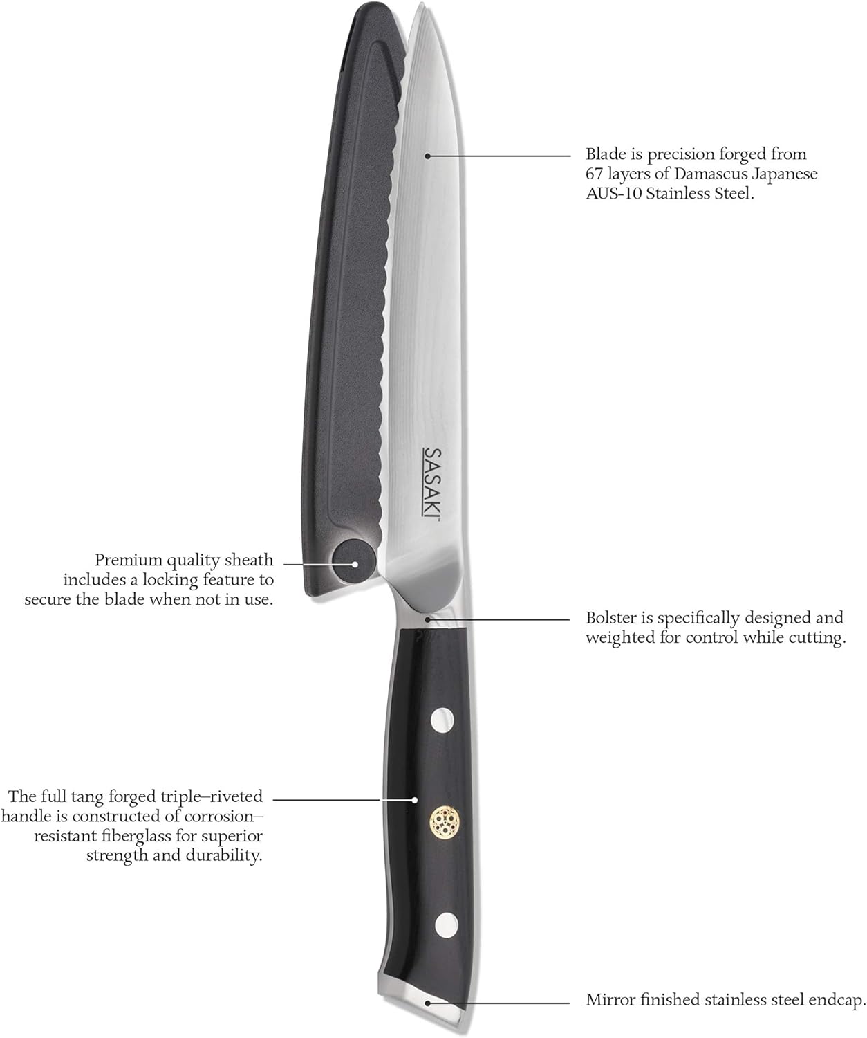 Sasaki 5228194 Masuta Japanese AUS-10 Stainless Steel Santoku Knife with Locking Sheath, 7-Inch
