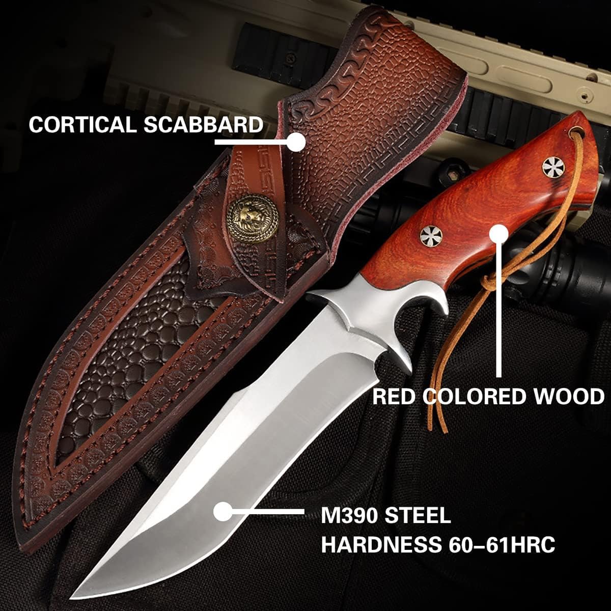 M390 Steel Handmade Hunting Knife, Fixed Blade Full-Tang with Leather Sheath, Red Wood Non-Slip Handle - Survival, Tactical, Camping knives