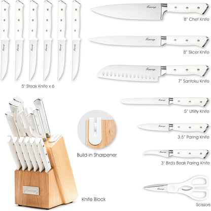 Knife Block Set, 15 Pcs Kitchen Knife Set, Enduring Ultra Sharp High Carbon German Stainless Steel Chef Knives Set with Built-In Sharpener, Full Tang Ergonomic Handle, Black