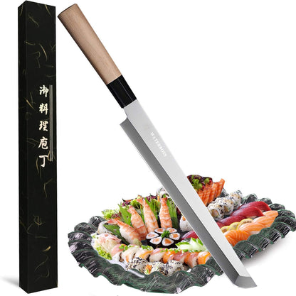 Waterboss,Japanese Sushi Chef Knife Salmon Knife Slicer Razor Sharp Sashimi Watermelon Knives, 5Cr15mov Stainless Steel Sashimi Yanagiba Knife, Maple Handle, 11.8inch (300mm)