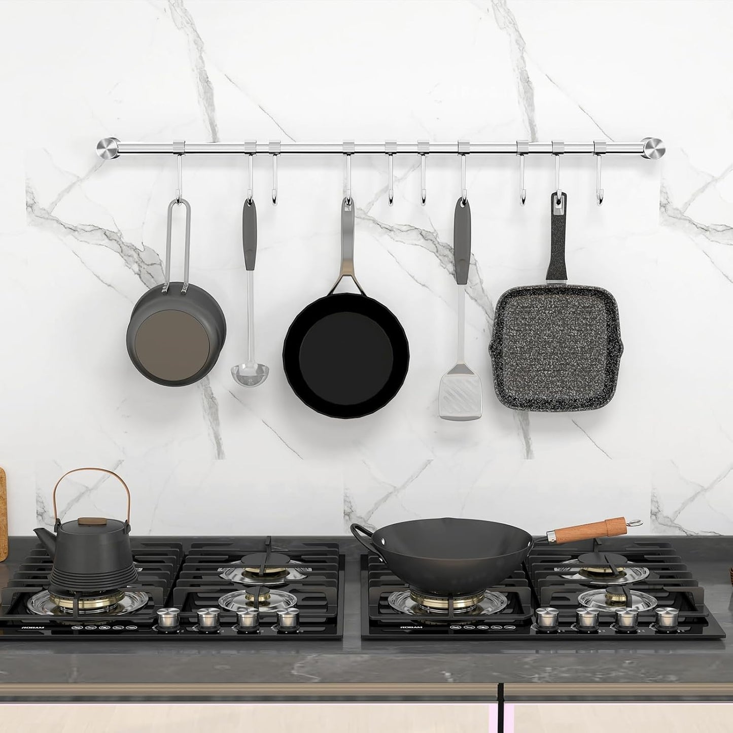 Audmore Kitchen Utensil Rack 2 Pack, 15.6 Inch Pots and Pans Hanging Rack Wall Mounted, 304 Stainless Steel Lid Cooking Utensil Hanger, 7 Sliding Hooks for Spatula Spoon, Measuring Cups, Coffee Mug