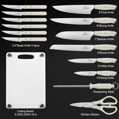 N NOBLE FAMILY In-drawer Knife Block Set, 16PCS Kitchen Knife Set with Wooden Block, Chopping Knives Set, Stainless Steel Knife Block Set, Sharp Cooking Knife Set with Cutting Board, Rust Proof, White