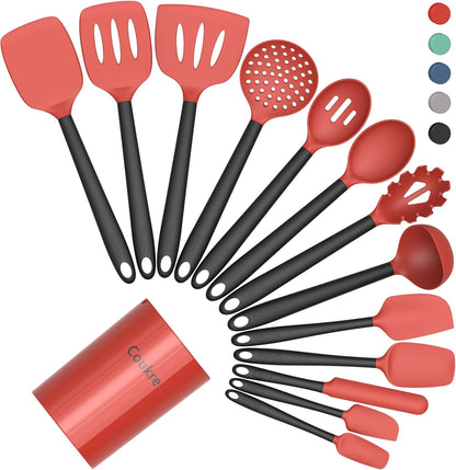 Coukre Silicone Kitchen Cooking Utensils Set with Holder – Heat-Resistant, Food-Grade Kitchen Tools, Spatula, Spoon & Gadgets for Non-Stick Pans, Dishwasher Safe (14, PureBlack)