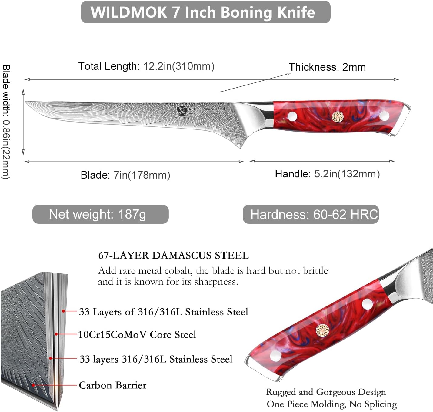 WILDMOK Damascus Boning Knife, 7 inch Super Sharp Fillet Knife, Japanese Damascus Steel, Full Tang Resin Handle, Includes Gift Box