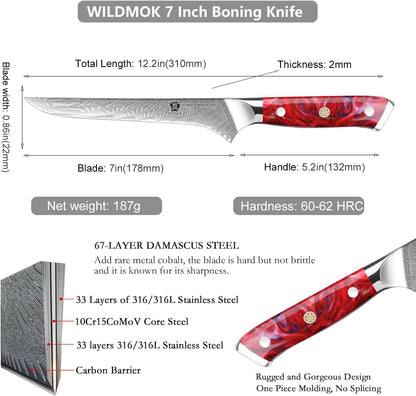 WILDMOK Damascus Boning Knife, 7 inch Super Sharp Fillet Knife, Japanese Damascus Steel, Full Tang Resin Handle, Includes Gift Box