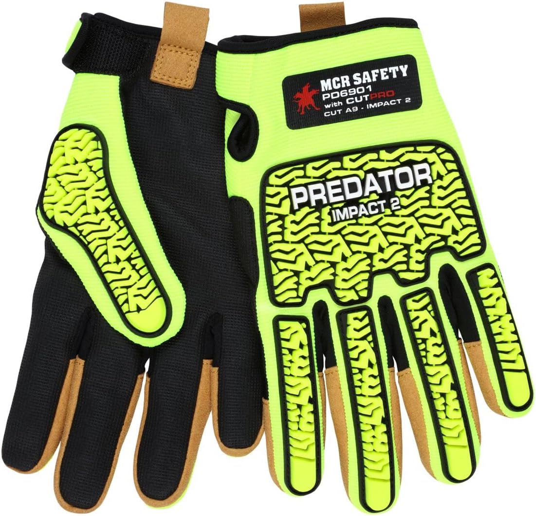 MCR Safety PD6901L Predator Hi-Visibility Mechanics Impact and Cut Resistant Work Gloves with MAXGrid Pattern Palm for Dry/Wet/Oily Grip, Tire Tread TPR on Back/Fingers/Thumb, Lime, Large