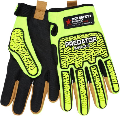 MCR Safety PD6901L Predator Hi-Visibility Mechanics Impact and Cut Resistant Work Gloves with MAXGrid Pattern Palm for Dry/Wet/Oily Grip, Tire Tread TPR on Back/Fingers/Thumb, Lime, Large
