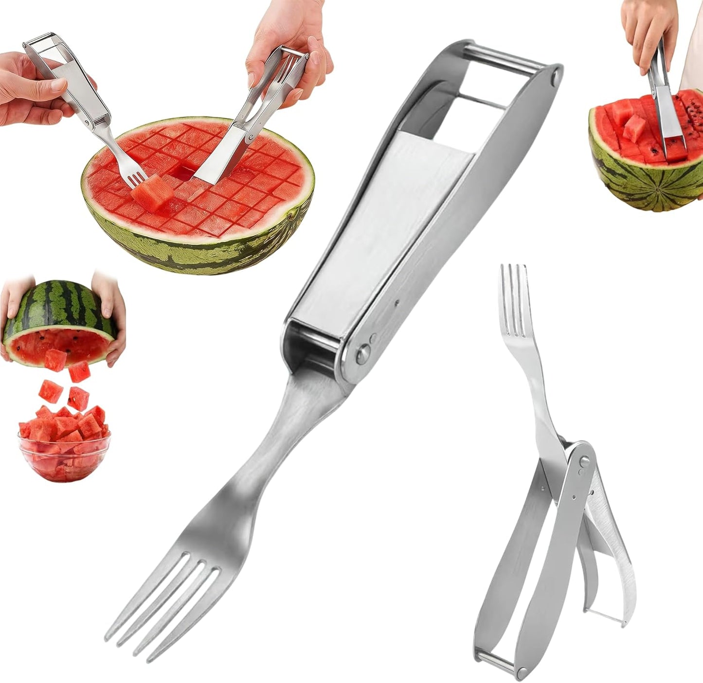 Watermelon Cutter, 2-in-1 Stainless Steel Fruit Cutter, Dual Head Watermelon Fork Slicer Tool, Summer Fruit Cutting Kitchen Gadget for Home (2PCS)