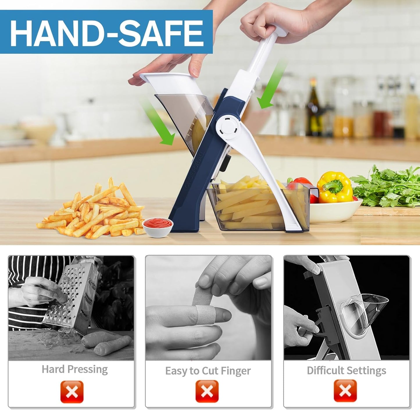5 in 1 Safe Mandoline Slicer for Kitchen, Safe Vegetable Chopper, Paring Knife, Adjustable Thickness, Easy to Clean, Vegetable Slicer, Slicing, Strips, Shredding, Dicing, Chop (Black Knight)