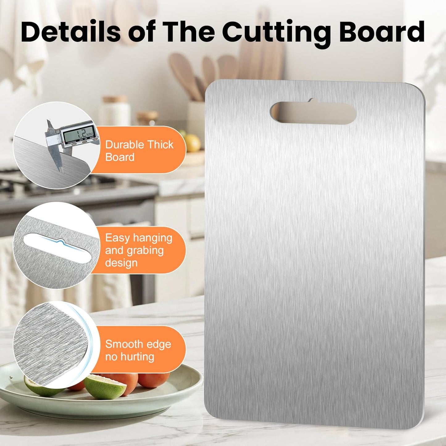 ZPUFAW 3Pcs Cutting Boards for Kitchen 304 Food Grade Stainless Steel, Large-Small Titanium Cutting Board for Cutting Fruit, Meat, Fish, Vegetables, Easy Grip Handle Easy Cleaning Dishwasher Safe