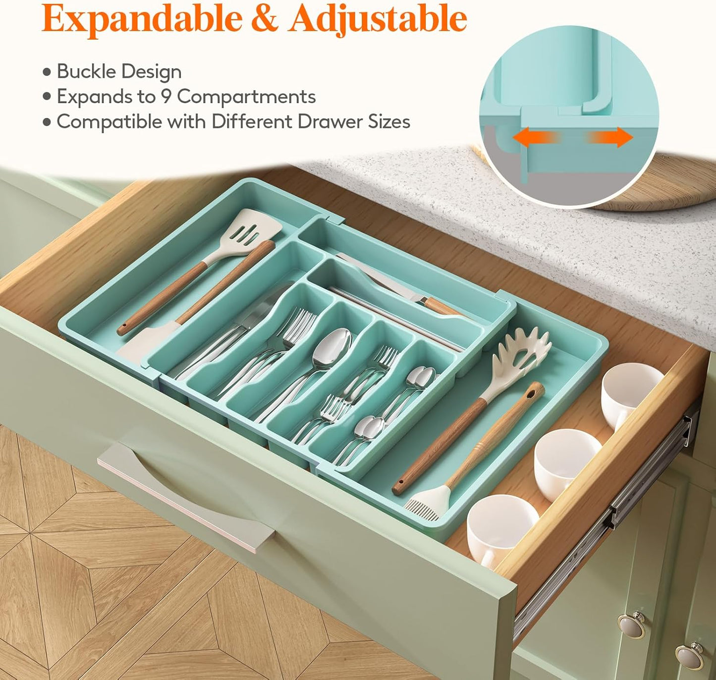 Lifewit Utensil Organizer for Kitchen Drawer, Expandable Cooking Silverware Tray, Adjustable Cutlery Flatware Holder, Plastic Spatula Tools Storage Divider, 14.4 x 15.8", Black