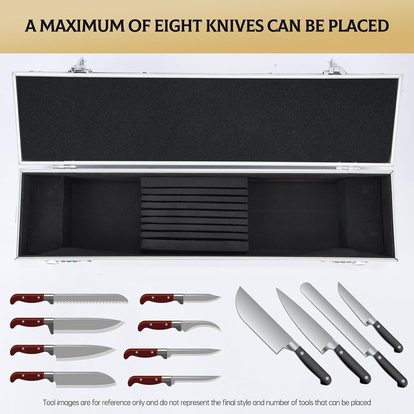 Chef’s Knife Case Aluminum Hard Case with Dual Combination Locks Cultery Carrier Portable Knife Organizer Block Holders Protectors With 8 Slots Can Hold Home Black
