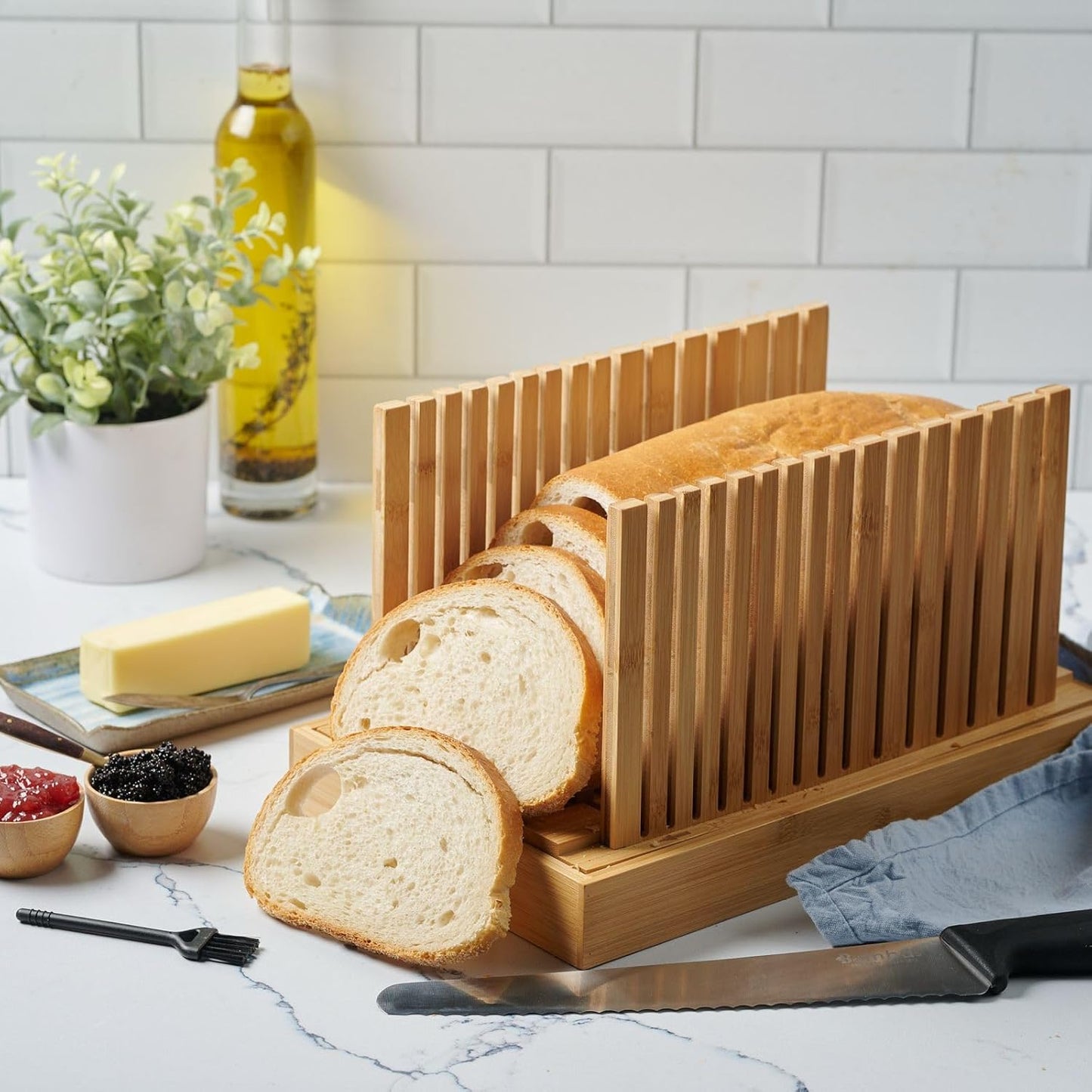 Bread Slicer for Homemade Bread - Adjustable Bamboo Bread Cutter with Knife, Foldable Slicing Guide & Crumb Tray - Bread Loaf Slicer for Sourdough, Cakes, Bagels, Loaves - Kitchen Gadgets Baking Gifts