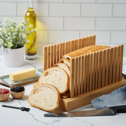 Bread Slicer for Homemade Bread - Adjustable Bamboo Bread Cutter with Knife, Foldable Slicing Guide & Crumb Tray - Bread Loaf Slicer for Sourdough, Cakes, Bagels, Loaves - Kitchen Gadgets Baking Gifts