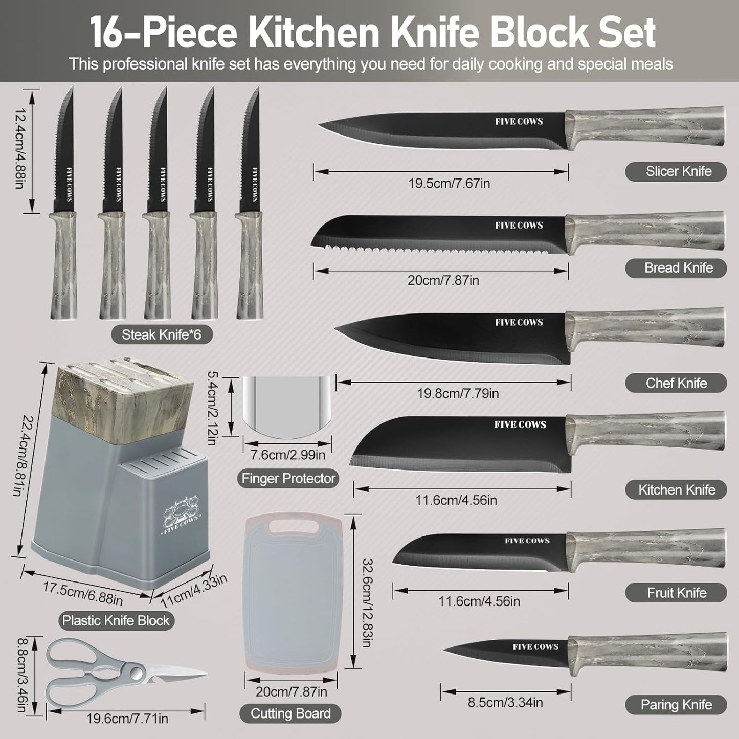 16-Piece Kitchen Knife Block Set with Cutting Board - German Stainless Steel Knives, Built-In Sharpener, Dishwasher Safe, Anti-Slip Handle - All-in-One Cutlery Set for Home/Kitchen (Cyan)