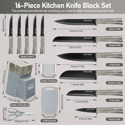 16-Piece Kitchen Knife Block Set with Cutting Board - German Stainless Steel Knives, Built-In Sharpener, Dishwasher Safe, Anti-Slip Handle - All-in-One Cutlery Set for Home/Kitchen (Cyan)
