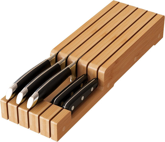 In-Drawer Bamboo knife block,Drawer Knife Storage Steak Knife Holder Without Knives,Holds up to 7 Knives(Not Include)