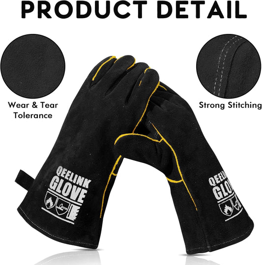 QeeLink Welding Gloves - Heat Resistant Leather and Fireproof Stitching for Fireplace Fire Pit Wood Stove BBQ Gardening Gear