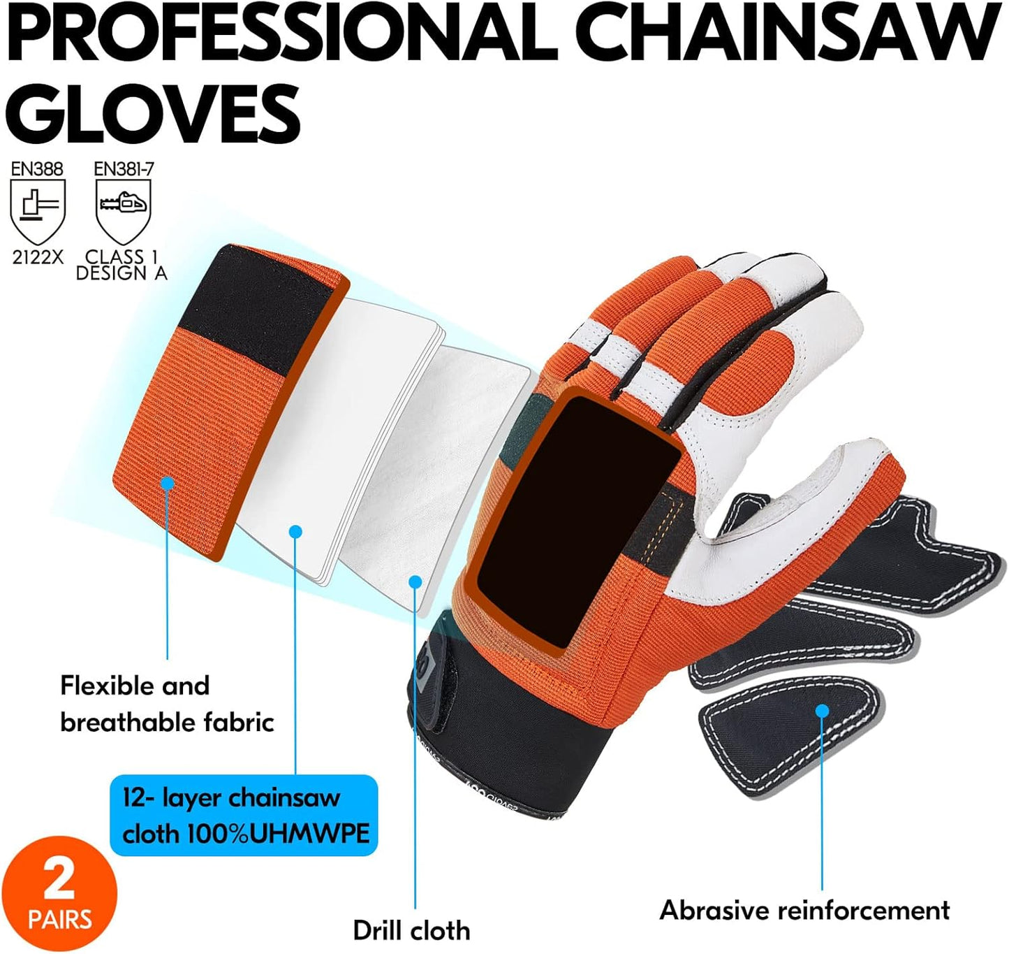 Vgo... 2-Pairs Chainsaw Gloves,Saw Protection on Left Hand Back,Goat Leather(XL,Orange,GA8912)