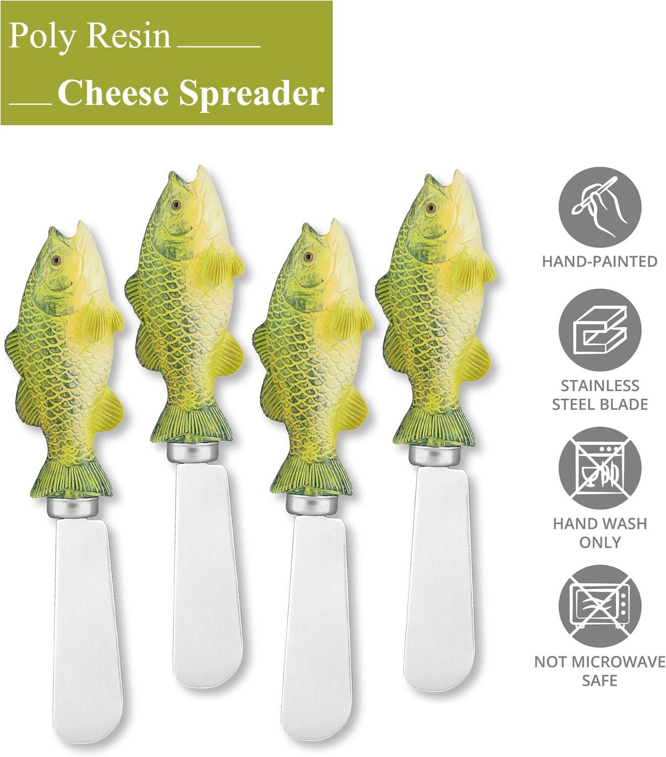 UP UPware Sea Turtle Cheese Spreaders, Hand-Painted Resin Handles with Stainless Steel Blades for Spreading Cream Cheese, Butter, Jam, or Sandwich, Set of 4