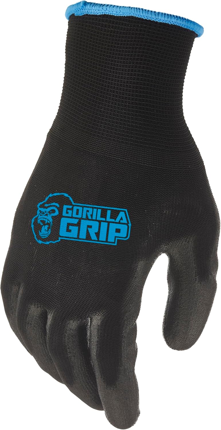 Gorilla Grip Work Gloves, Never Slip Maximum Grip All-Purpose, Gloves for Men, Superior in Wet, Dry, Oily Conditions, Polymer Palm, Medium Size, 5 Pairs, Black/Blue | 25041-25