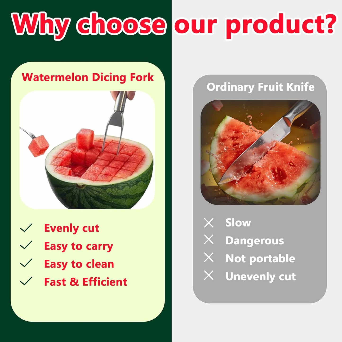 Watermelon Cutter, 2-in-1 Stainless Steel Fruit Cutter, Dual Head Watermelon Fork Slicer Tool, Summer Fruit Cutting Kitchen Gadget for Home (2PCS)