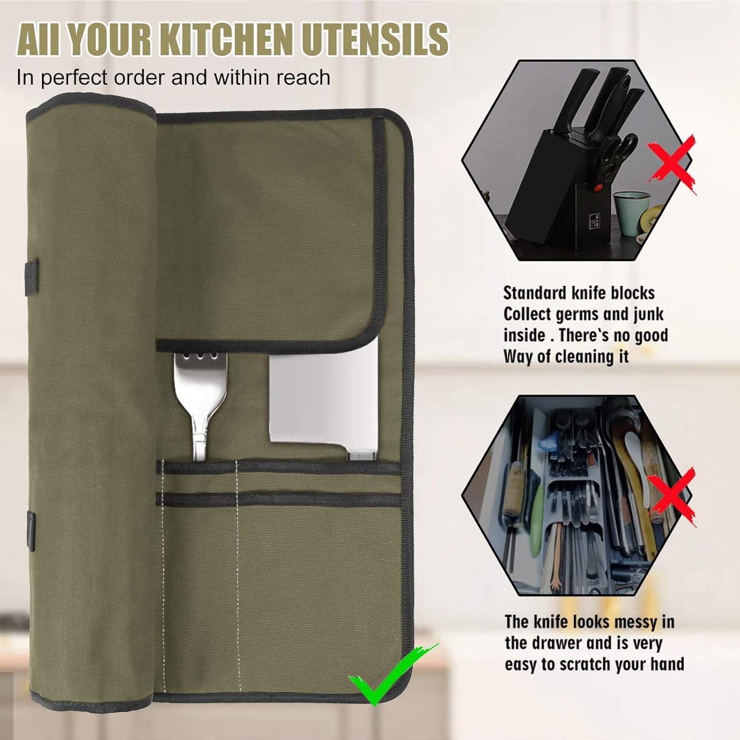 Chef Knife Bag With 24 Slots Cutlery Knives Holders Protectors, Kitchen Travel Cooking Tools, Portable Canvas Knife Roll Storage Bag Chef Case for Camping or Working with an Adjustable Shoulder Strap