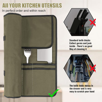 Chef Knife Bag With 24 Slots Cutlery Knives Holders Protectors, Kitchen Travel Cooking Tools, Portable Canvas Knife Roll Storage Bag Chef Case for Camping or Working with an Adjustable Shoulder Strap