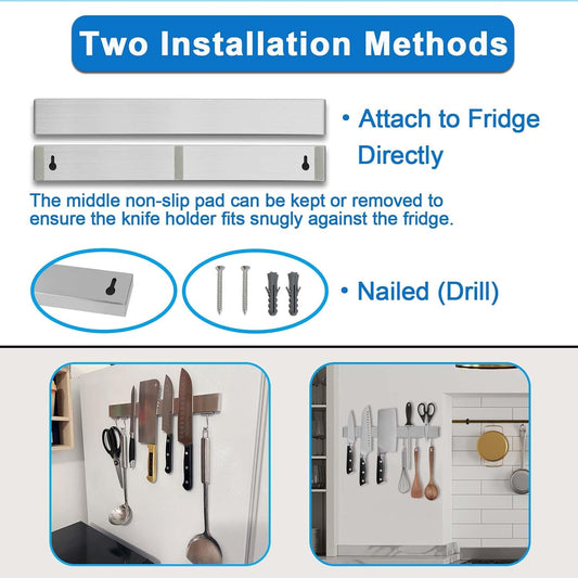 17.5" Magnetic Knife Holder for Wall with Hooks - No Drill Adhesive Mount - 304 Stainless Steel Knife Magnetic Strip