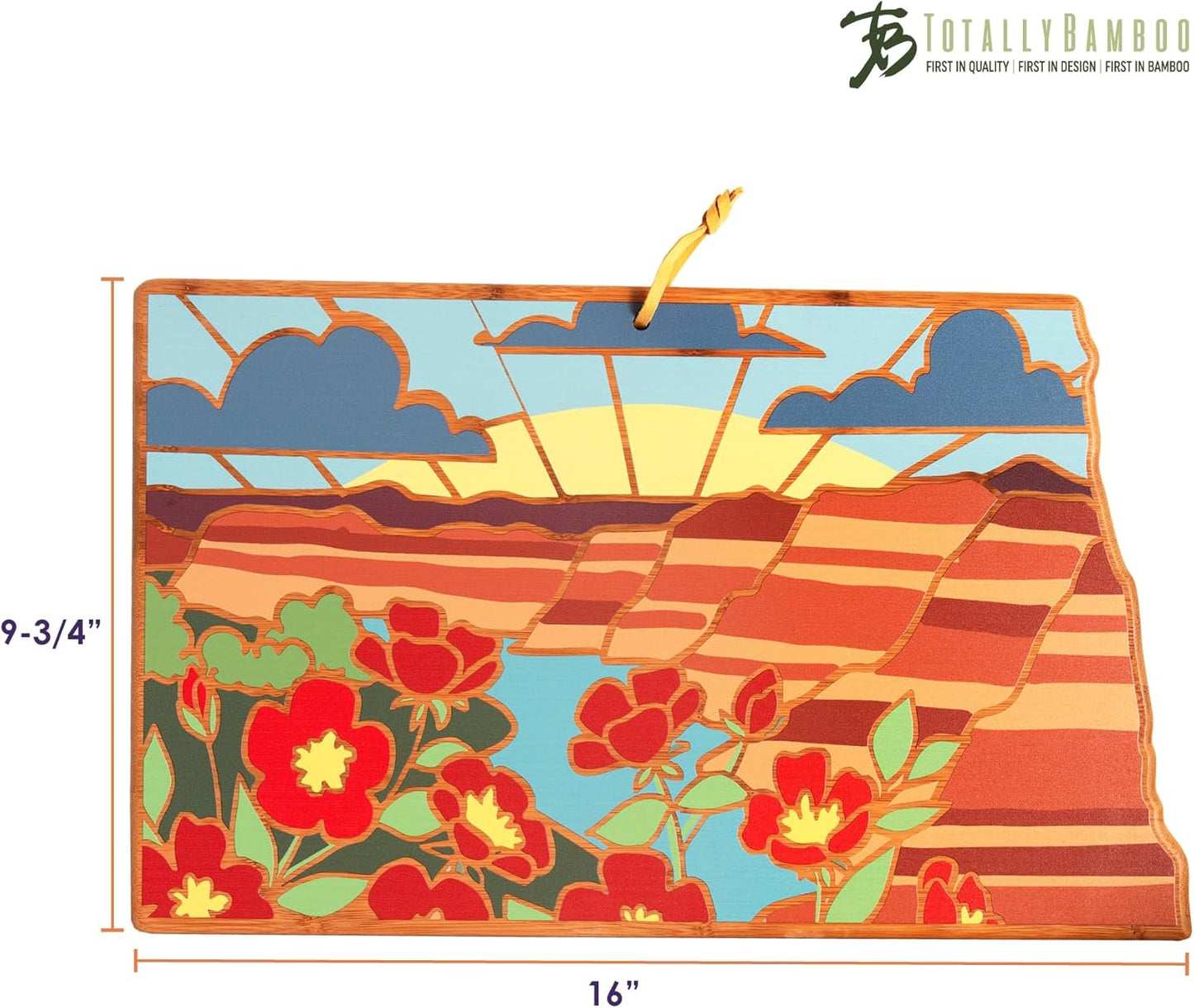 Totally Bamboo North Carolina State Shaped Cutting Board and Charcuterie Serving Platter with Artwork by Summer Stokes, Includes Hang Tie for Wall Display 18" x 8" x 5/8" - Colors A
