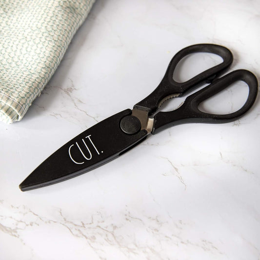 Rae Dunn Kitchen Scissors- Stainless Steel Kitchen Shears, Cooking Scissors for Cutting Meat, Chicken, Herbs and Produce with Blade Cover and Soft Grip Handles (Brown)