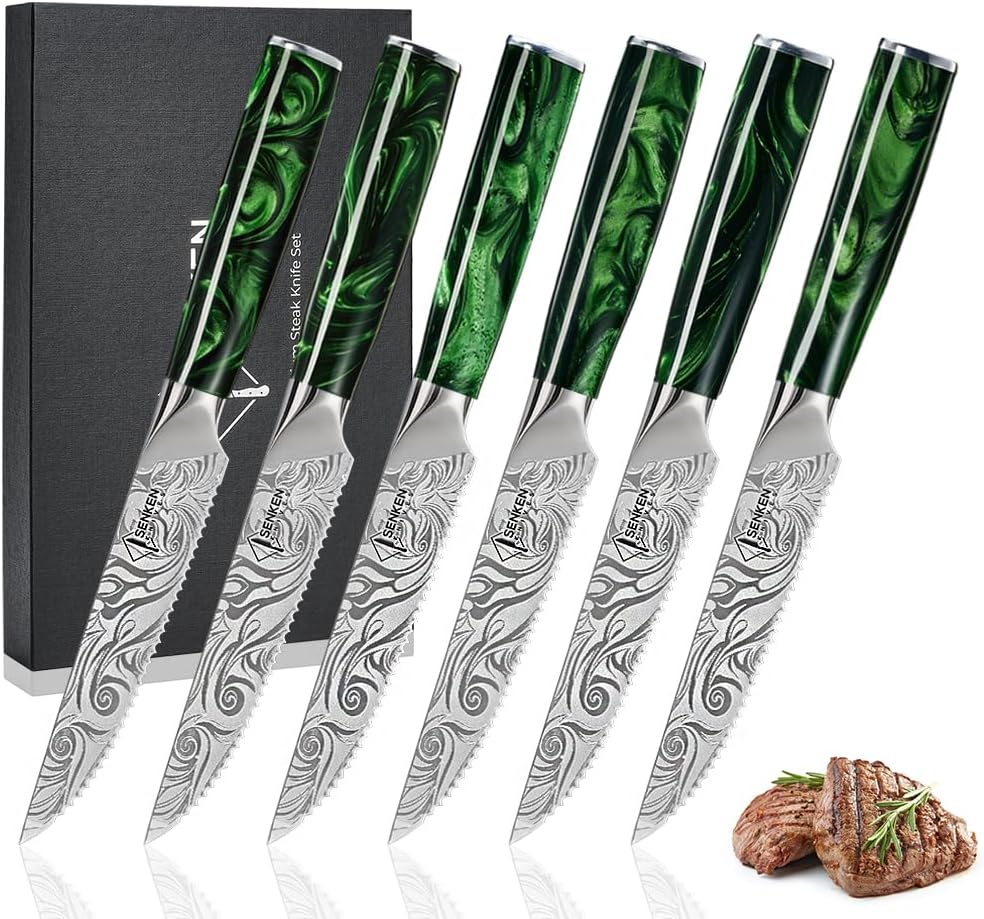 SENKEN 8-piece Engraved Japanese Kitchen Knife Set & Beautiful Green Resin Epoxy Handles - Wasabi Collection - Chef's Knife, Santoku, Cleaver, Paring, & More