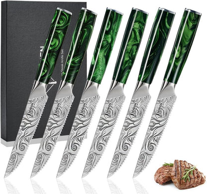 SENKEN 8-piece Engraved Japanese Kitchen Knife Set & Beautiful Green Resin Epoxy Handles - Wasabi Collection - Chef's Knife, Santoku, Cleaver, Paring, & More