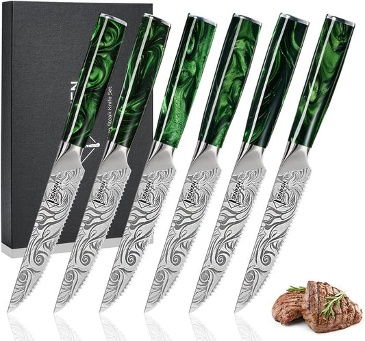 SENKEN 8-piece Engraved Japanese Kitchen Knife Set & Beautiful Green Resin Epoxy Handles - Wasabi Collection - Chef's Knife, Santoku, Cleaver, Paring, & More