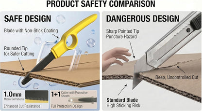Cardboard Cutter with Protective Sheath, Non-Stick Teflon Coated Blade, Safety Micro-Serrated Stainless Steel Box Cutter Tool for Warehouse, Office & Home Use