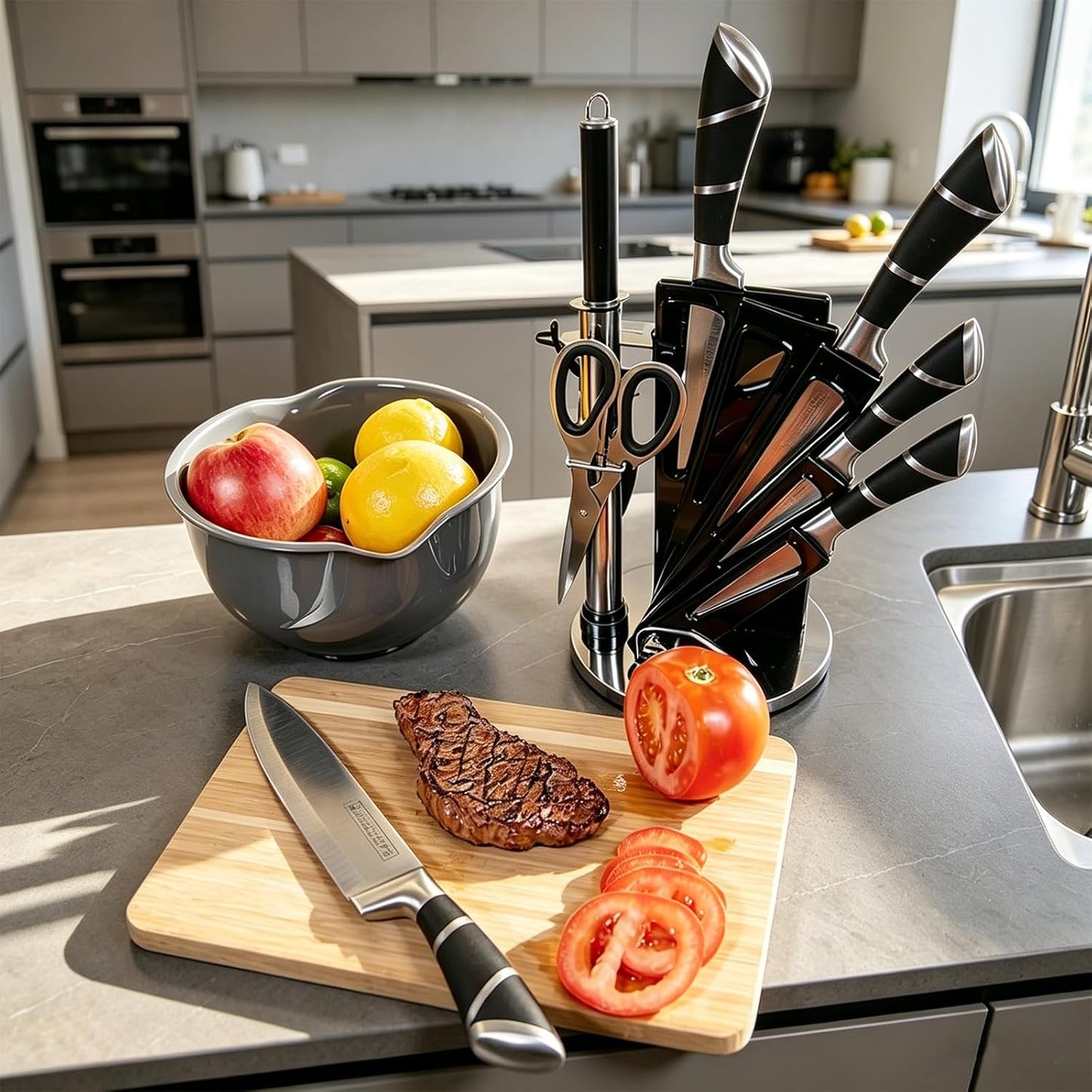 Elegant Purple 9-Piece Kitchen Knife Set with Acrylic Block,Non Stick Sharp Stainless Steel Chef Knives with Sharpener,Gift Ready Cutlery Set for Women