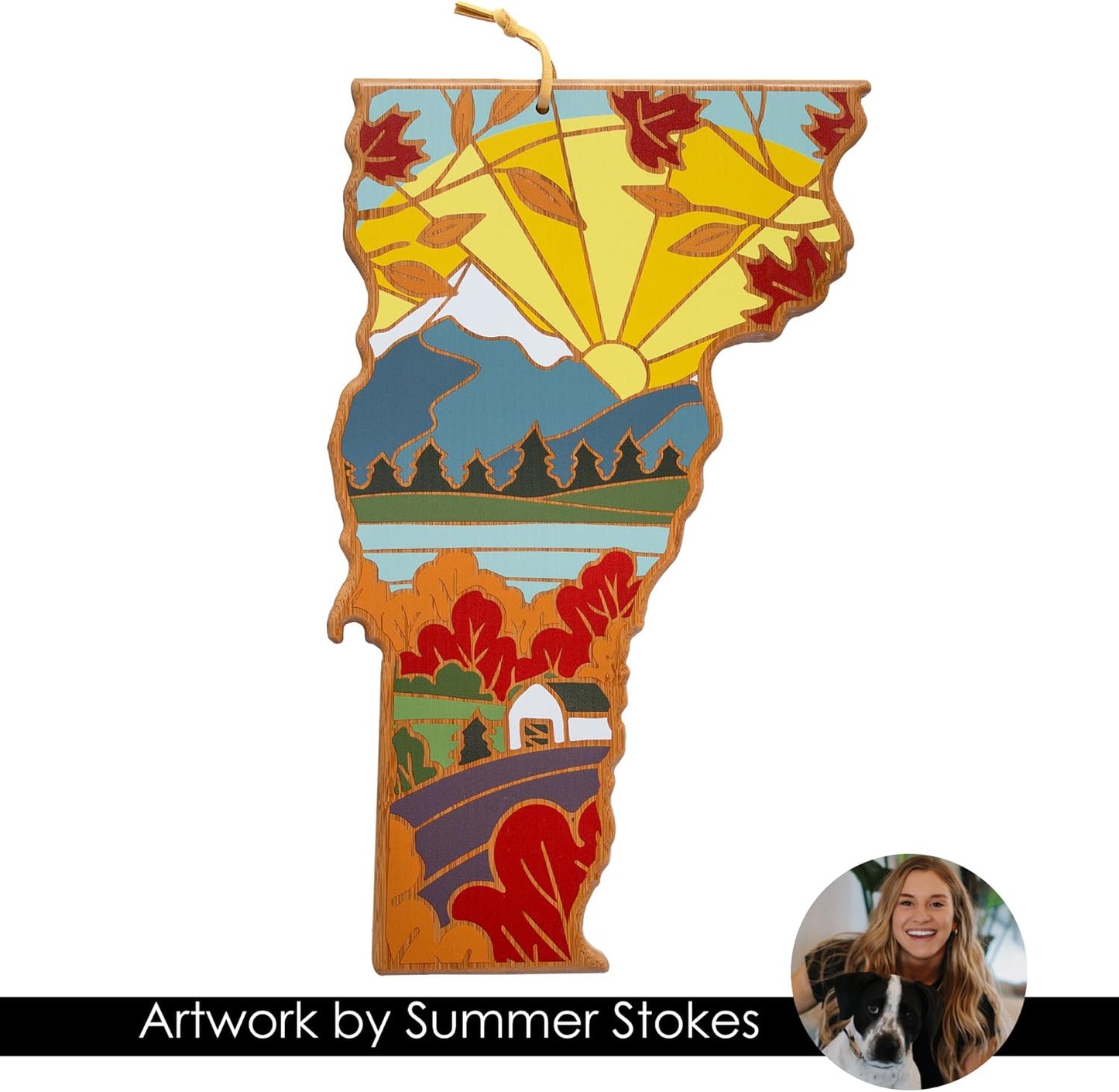 Totally Bamboo North Carolina State Shaped Cutting Board and Charcuterie Serving Platter with Artwork by Summer Stokes, Includes Hang Tie for Wall Display 18" x 8" x 5/8" - Colors B