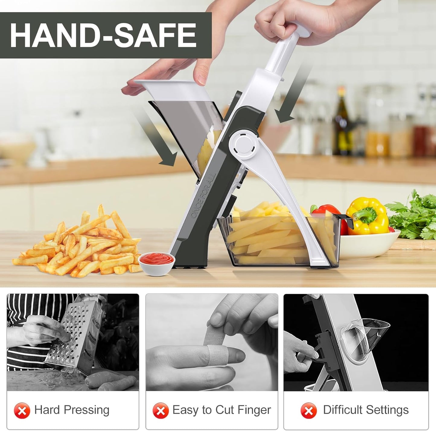 5 in 1 Safe Mandoline Slicer for Kitchen, Safe Vegetable Chopper, Paring Knife, Adjustable Thickness, Easy to Clean, Vegetable Slicer, Slicing, Strips, Shredding, Dicing, Chop (Black Knight)