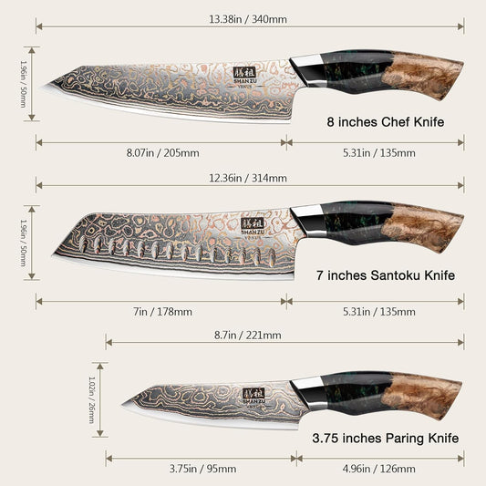 SHAN ZU Damascus Chef Knife 8 inch, Japanese Kitchen Knives Copper & Damascus Steel High Carbon 33 Layer Hand Forged Utility Knife Professional Sharp Carving Knife with Maple Wood Handle