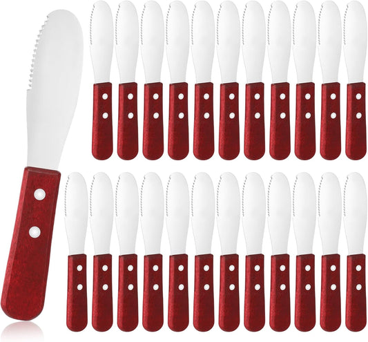 LemonRoad 24 Pack 8 Inch Stainless Steel Butter Spreader Bulk Straight Edge Wide Butter Knives with Wooden Handle Cheese Cream Sandwich Condiment Spreader Knives Kitchen Tools