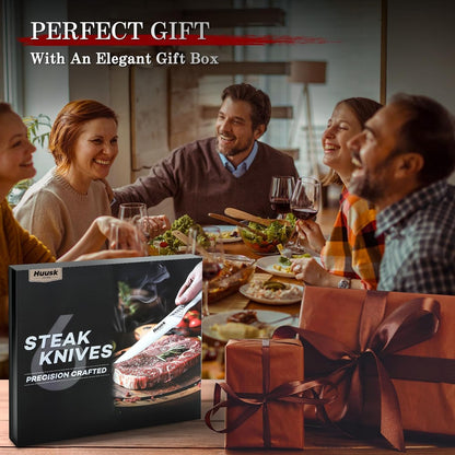 Huusk Steak Knives Set of 6-4.5 Inch Serrated Dinner Knife with Gift Box, One-Piece Stainless Steel Dinnerware Design with Ergonomic Metallic Handle, Silver Stake Knife Set for Culinary BBQ