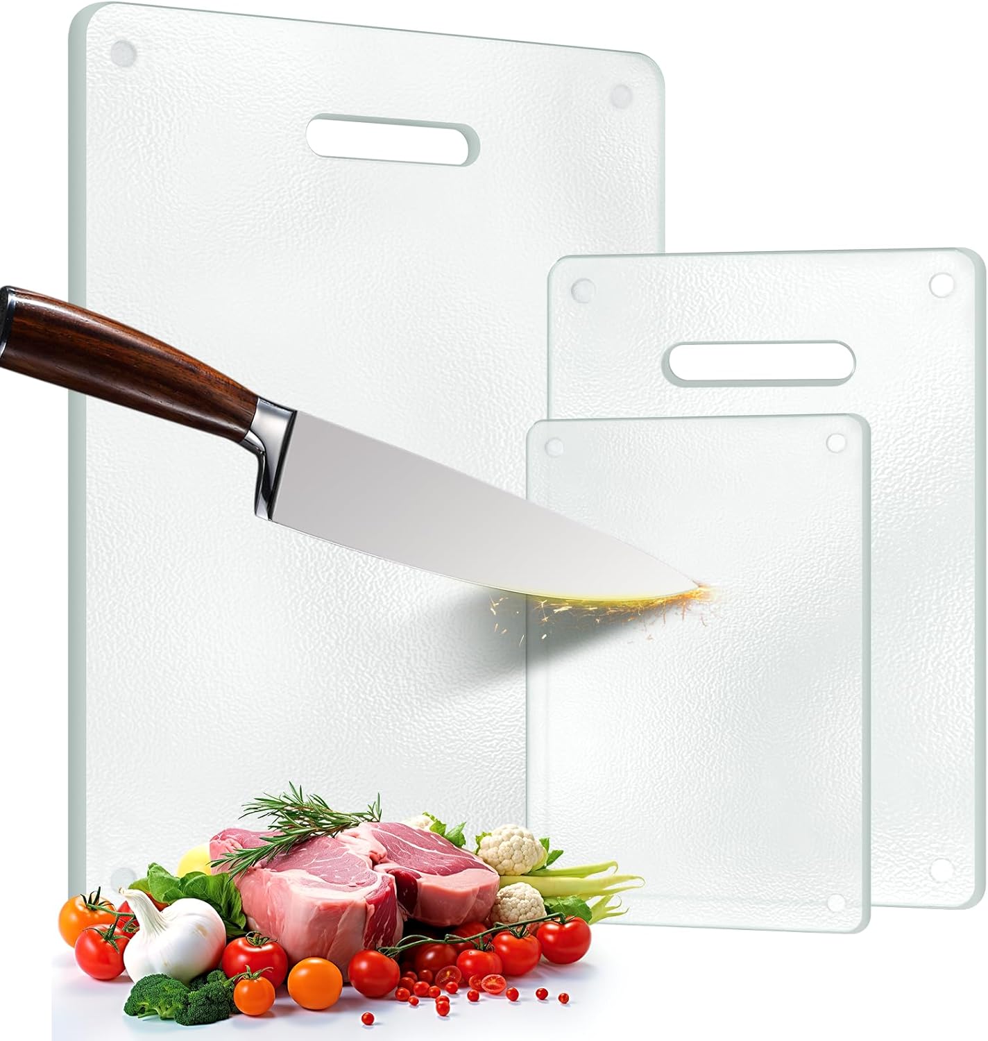 Tempered Glass Cutting Board for Kitchen, 2PCS Clear Chopping Board with Handle (16"x12" & 12"x8"), Plastic Free, Scratch Resistant, Heat Resistant, Dishwasher Safe, Non-toxic, Easy to Clean