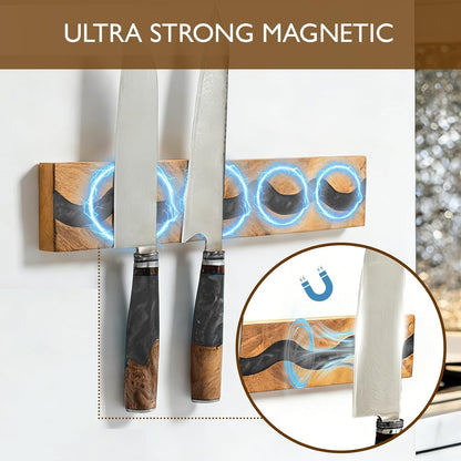 Magnetic Knife Holder, 15.7 Inch Walnut Wood and Resin Magnetic Knife Bar for Wall, Heavy Duty Magnet Holds 8 Knives, Handcrafted Ocean Blue (Ocean's Embrace)