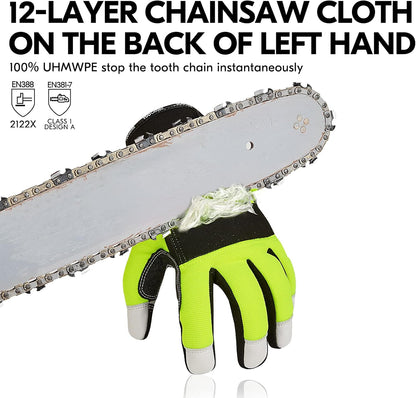 Vgo... 1Pair Chainsaw Gloves, 12-Layer Chainsaw Protection on Left Hand Back,Goat leather Work Gloves, Mechanic Gloves