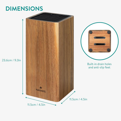 Navaris Universal Knife Block Holder - Rubber Wood Stand with Bristles to Fit Different Sizes of Knives - Angled Design, 9.8" x 5.9" x 4.1’" - Black