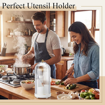 2 Pack 360° Rotating Silverware Organizer, Utensil Holder with Lid for Kitchen Counter Silverware Caddy with Drainage Dustproof Flatware Holder for Cutlery Spoon Fork(Diamond White,3 Slot)